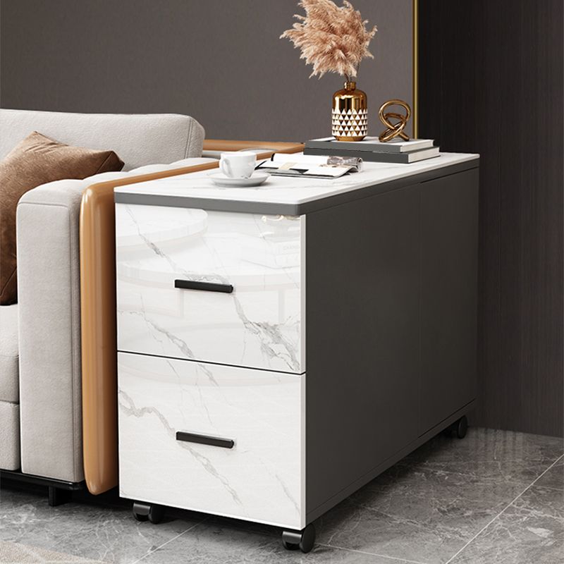 Modern Rectangle Sofa Side Accent Table with Stone Top and Drawers