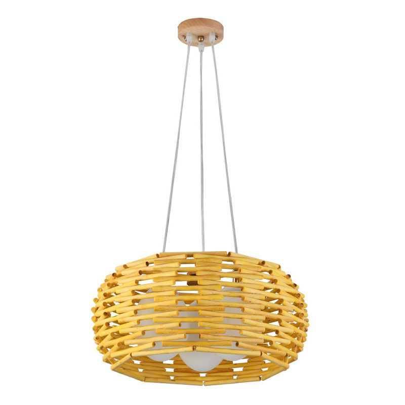 Wood Bird Nest Ceiling Chandelier Asian Bamboo Hanging Pendant Light with Egg Opal Glass Shade