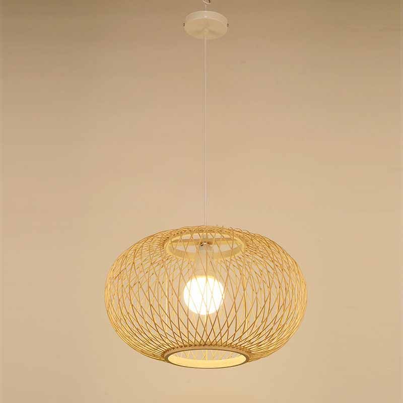 Chinese Round Lantern Ceiling Light Beige Bamboo 1 Light Restaurant Hanging Pendant Lighting
