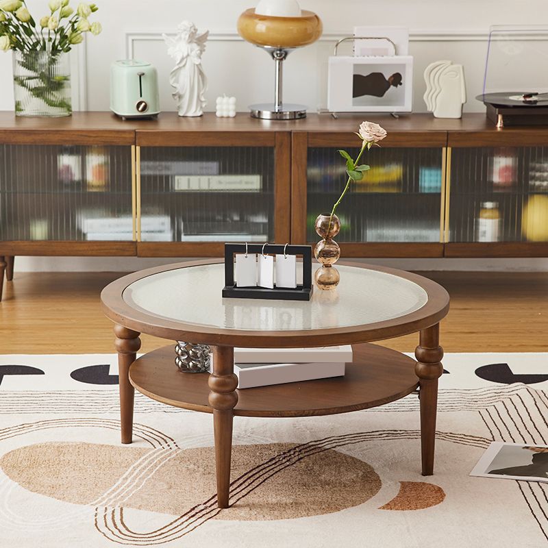 Modern Glass Top Coffee Table Solid Wood Brown Table with Storage