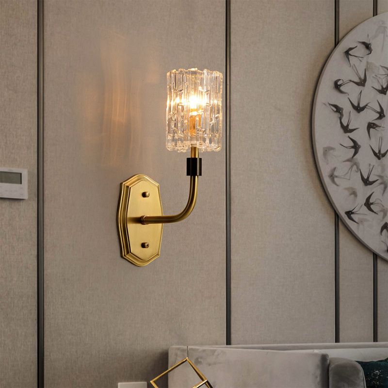 1/2-Light Living Room Wall Mounted Light Modern Brass Sconce Light with Cylinder Clear Glass Shade