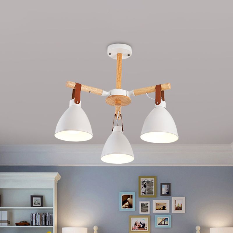 Macaron Bursting Wood Chandelier 3/6/8 Heads Ceiling Hanging Light in White/Blue with Bowl Shade and Leather Strap