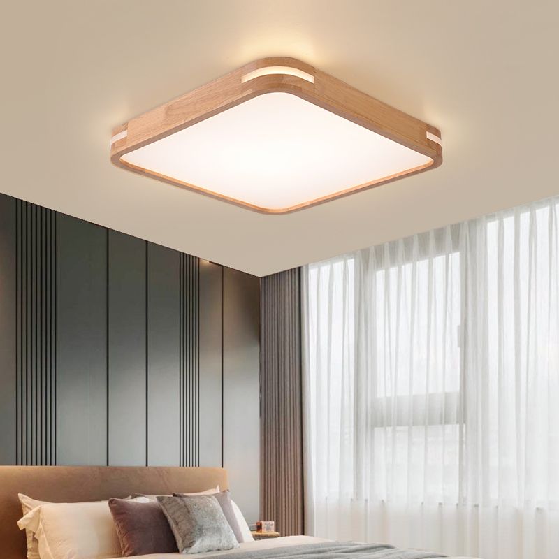 Plafonnier carré moderniste en bois beige, lampe LED à encastrer en blanc/lumière chaude/naturelle, 12"/16"/19,5"/23,5" de large
