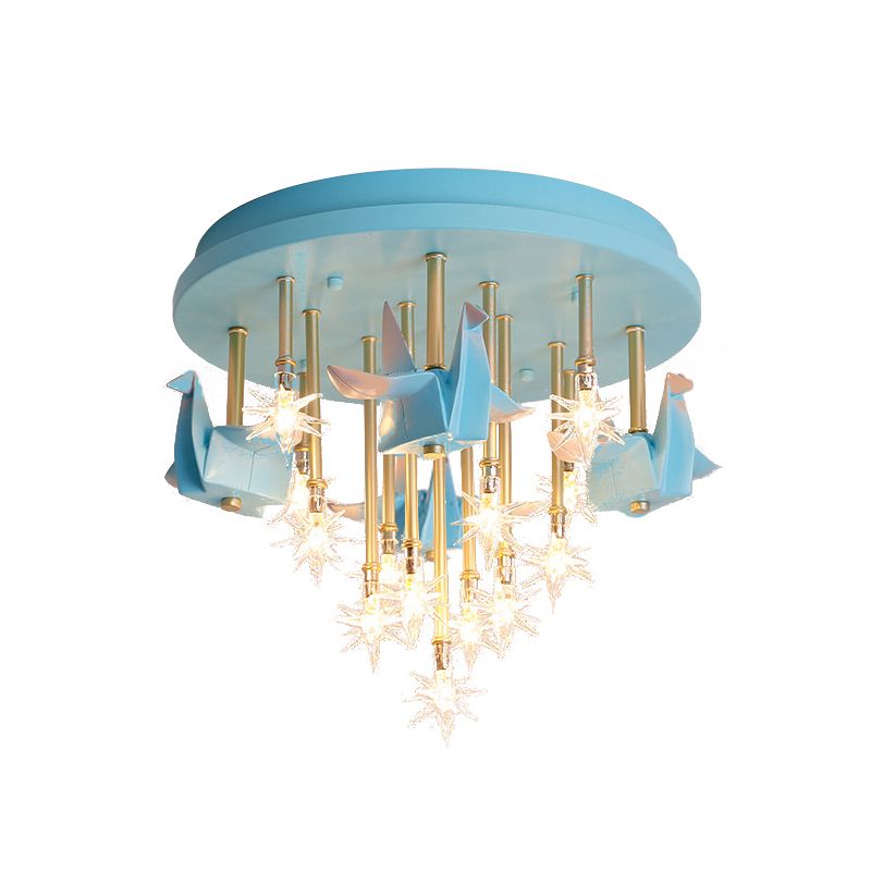 Resin Horse/Bird/Crane Ceiling Light Fixture Kids 13/16 Lights Blue/Pink Flush Mount Lighting with Clear Glass Shade