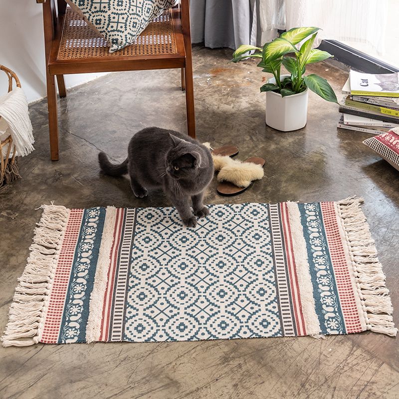 Boho-Chic Geometric Print Carpet Cotton Indoor Rug Fringe Pet Friendly Rug for Home Decoration