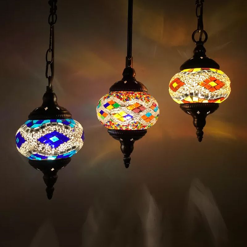 3 Heads Stained Art Glass Suspension Lamp Vintage Red/Yellow/Green Oval Bedroom Cluster Pendant