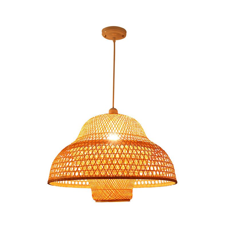 Hot Pot-Shaped Restaurant Pendant Light Bamboo Single-Bulb Contemporary Suspension Light in Wood
