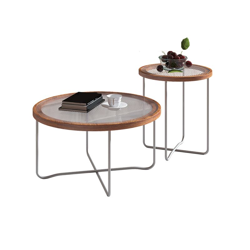 Round Glass Top Coffee Table Set Frame Cocktail Table with Wood Accent
