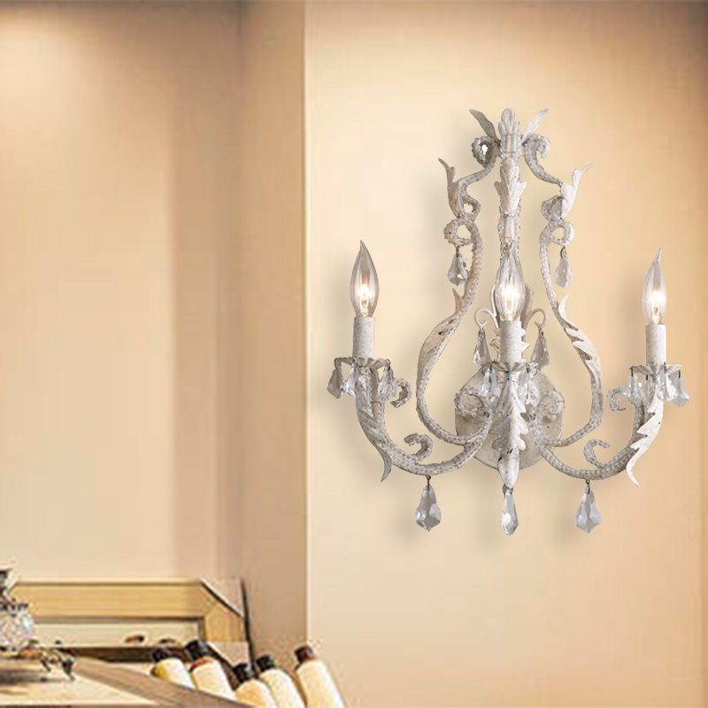 Traditionalism Candlestick Wall Mount Lamp 3 Heads Draped Crystal Wall Sconce Lighting in Grey/Ivory