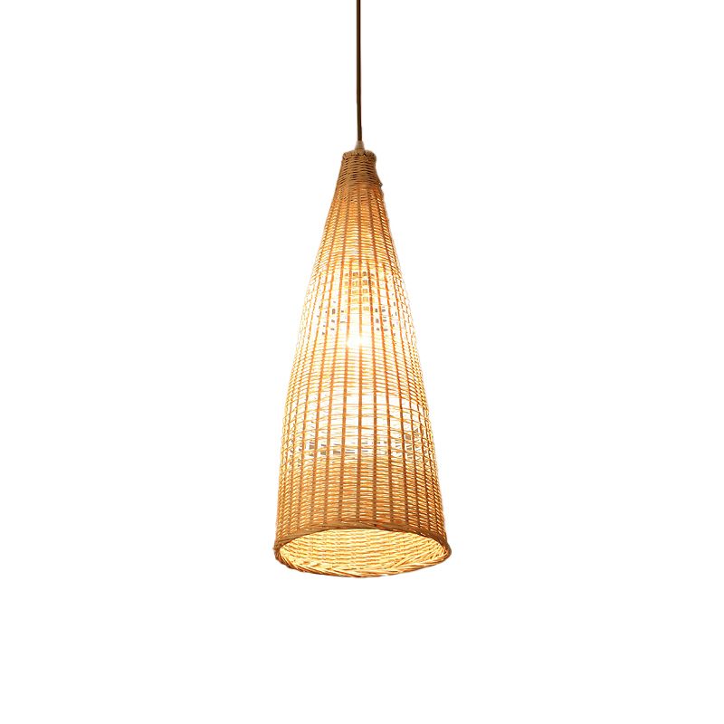 Beige Diamond/Bell/Onion Drop Pendant Asian Style 1 Bulb Bamboo Hanging Light Fixture for Tearoom