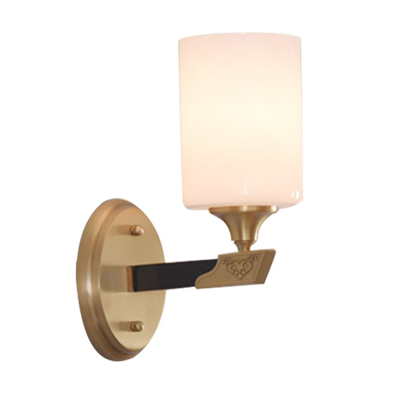 1/2-Head Cylindrical Wall Lamp Traditional Black-Gold White Glass Wall Mount Light Fixture