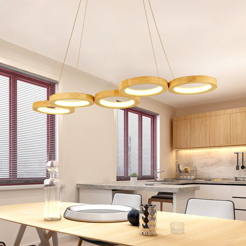 4/5 Lights Dining Room Chandelier with Orbicular Wood Shade Modernist Beige Led Hanging Pendant Light in Warm Light
