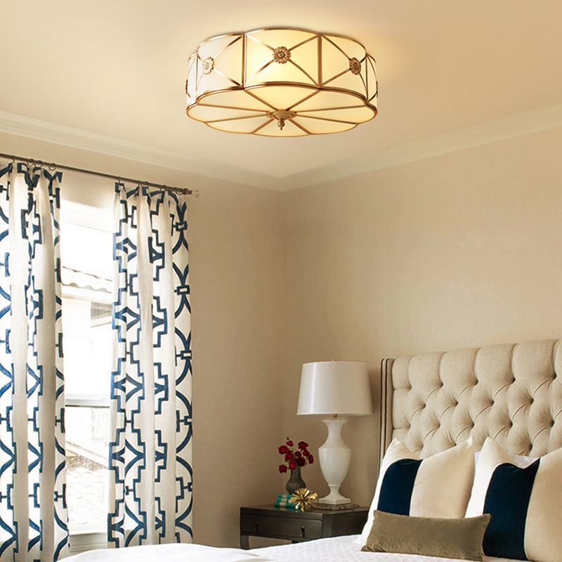 Shaded Glass Close to Ceiling Light Vintage Bedroom Ceiling Light Fixture in Gold