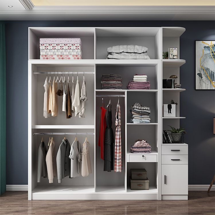 White Modern Wardrobe Armoire Engineered Wood Sliding Door Wardrobe with Drawer