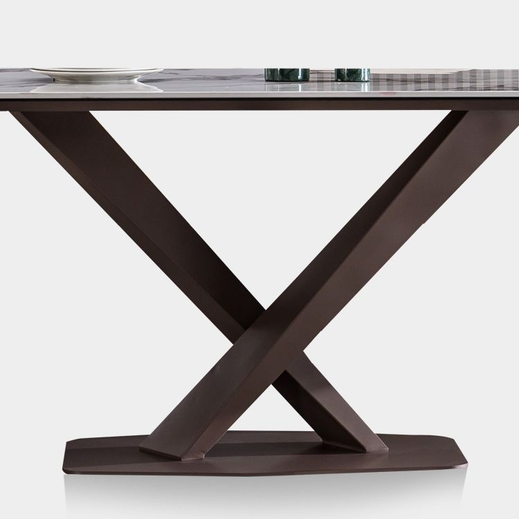 Mesa de rectángulo de lujo tradicional de metal mesa de piedra sinterizada blanca con base de pedestal