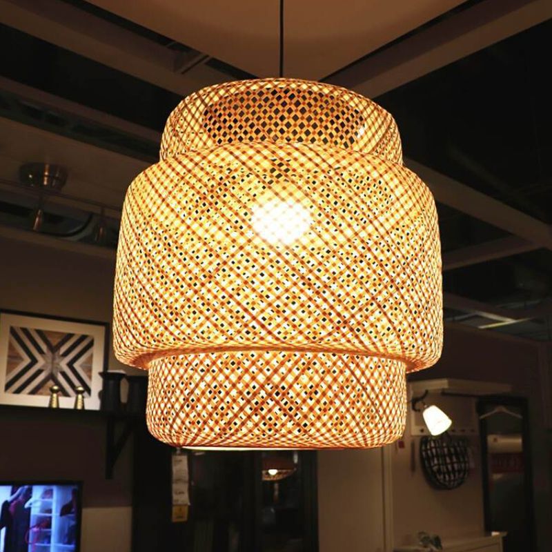 Modern Style Tiered Ceiling Light Bamboo 1-Light Restaurant Hanging Pendant Lighting in Beige