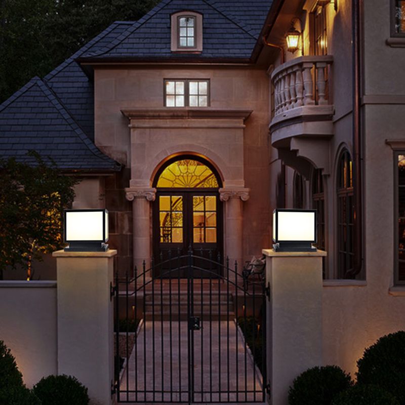 Square Shape Metal Outdoor Lamp Modern Style 1 Light Solar Pillar Lights in Black