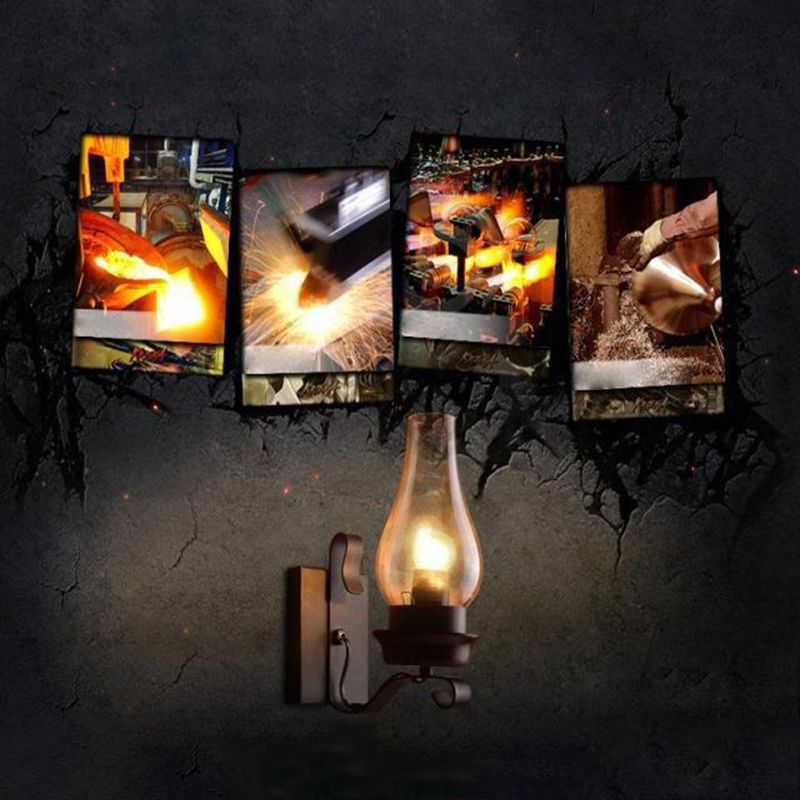 Rusty Wall Sconce in Industrial Vintage Style Wrought Iron Wall Lamp with Amber Glass Shade