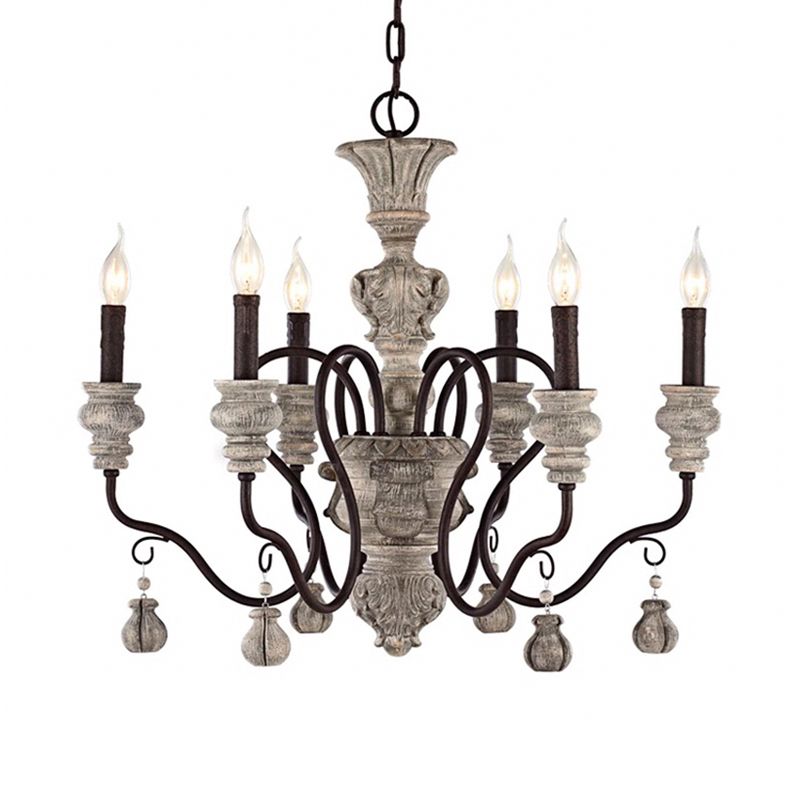 Gray Candelabra Hanging Light Traditional Wood 6 Lights Living Room Chandelier Light