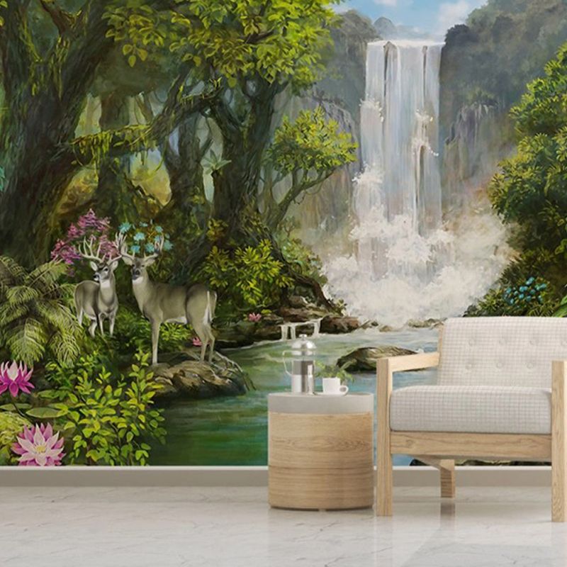 Wandgemälde in frischen Farben, Regenwald und Wasserfall, schmutzabweisende Wandkunst für Cafés
