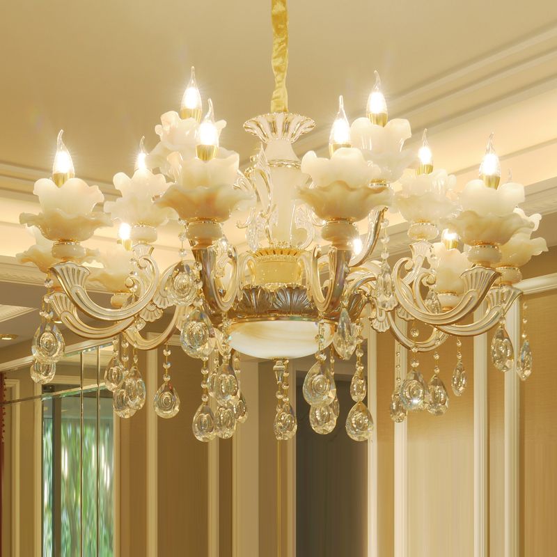 Gold Floral Ruffle Ceiling Lighting Traditional Jade Living Room Chandelier Light with Crystal Draping