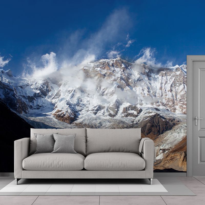 Non-Woven Stain Resistant Mural Modern Winter Rock Mountain Wall Art in Blue-White-Brown