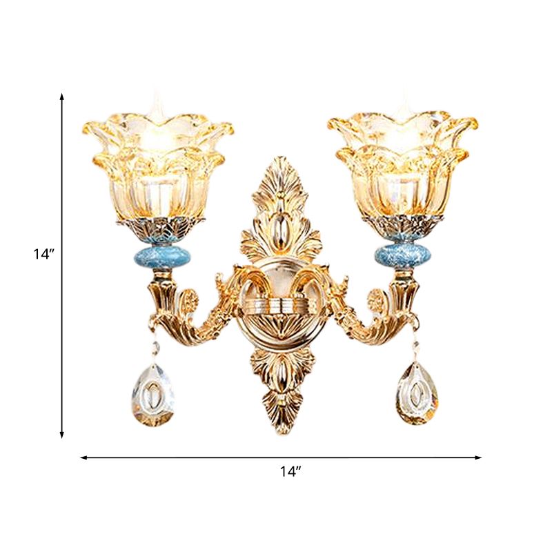 2-Layer Flower Crystal Wall Lamp Kit Traditional 1/2-Bulb Bedside Wall Mount Lighting in Gold