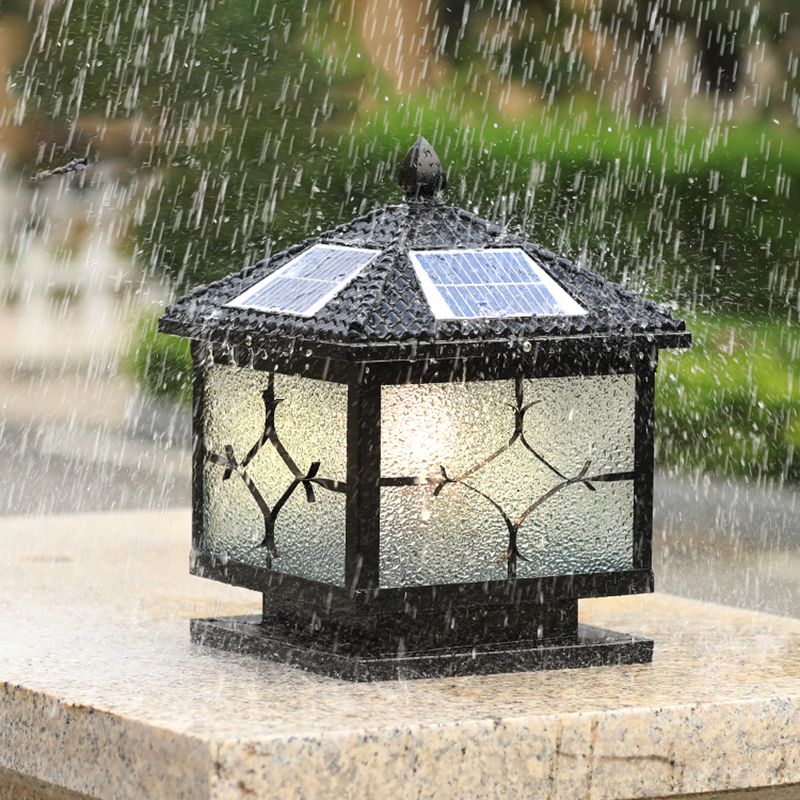 Rectangular Shape Metal Solar Pillar Lamp Modern Style 1-Light Outdoor Light