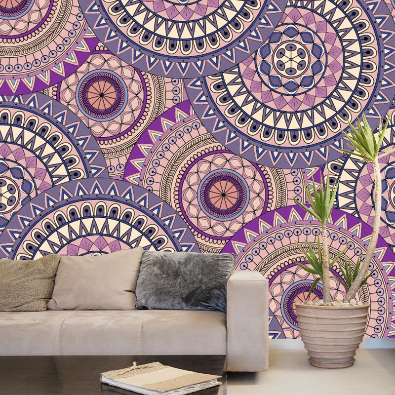 Boho Floral Circles Wall Mural Decal Purple Moisture Resistant Wall Covering for Bedroom
