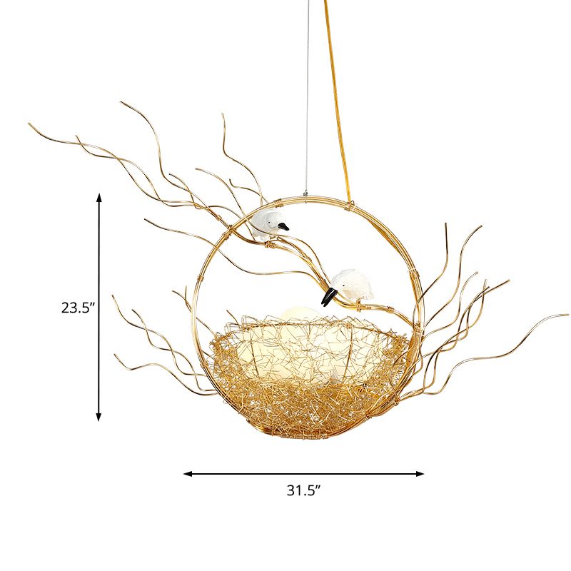 Artistry 3-Light Chandelier Pendant Golden Aluminum Basket Hanging Lamp with Birds and Matte White Glass Balls