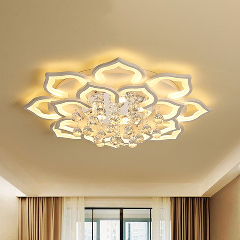 6/16/20 Lights Living Room Ceiling Light White Flush Mount Light Fixture in Warm/White Light with Floral Acrylic Shade and Crystal Drop