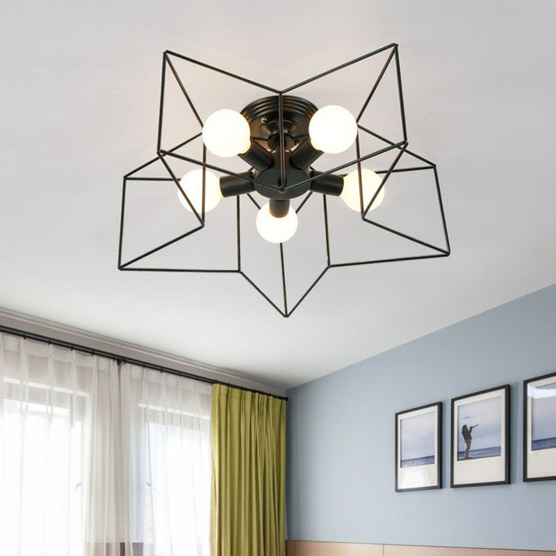 5 Heads Semi Flush Fixture Antique Star Frame Iron Flush Mount Ceiling Light for Bedroom