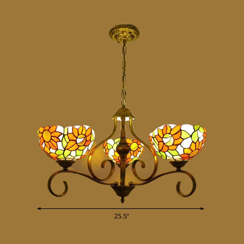 Stained Glass Antique Brass Chandelier Light Fixture Sunflower 3/6/8 Lights Tiffany Style Drop Pendant, 25.5"/34"/37.5" W