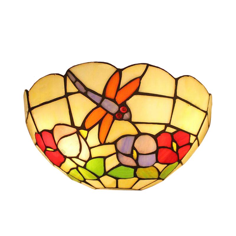Dragonfly Wall Sconce Light Lodge Stained Glass 2 Bulbs Wall Mount Light with Bowl Shade