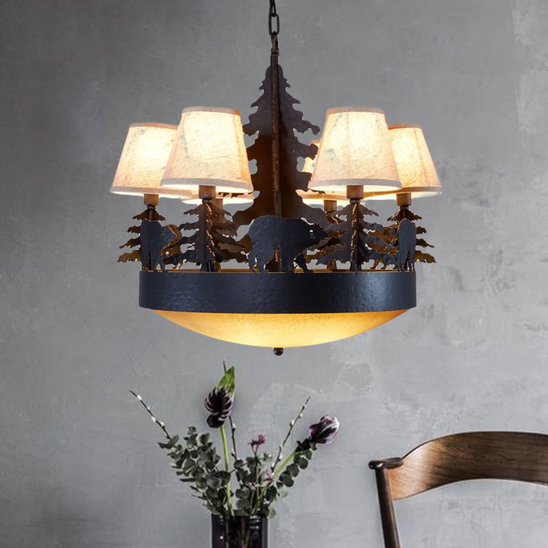8 Bulbs Bowl Chandelier Light Country Black Opal Glass Hanging Ceiling Fixture with Cone Fabric Shade