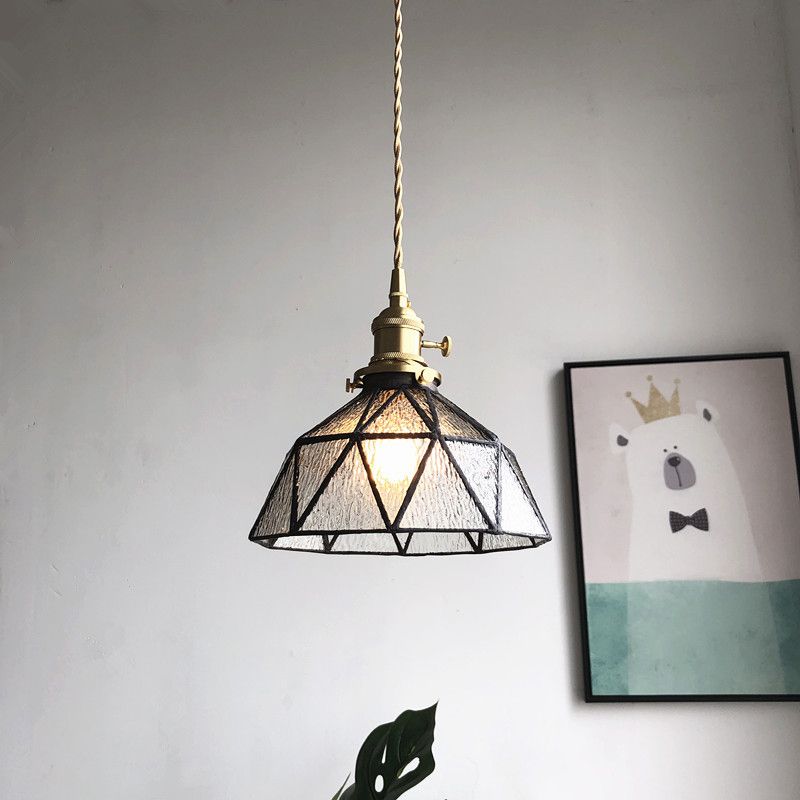 Blauw/helder gestructureerd glazen messing hanger gefacetteerde schuurvormig 1 lichte landelijke stijl hangend plafondlicht