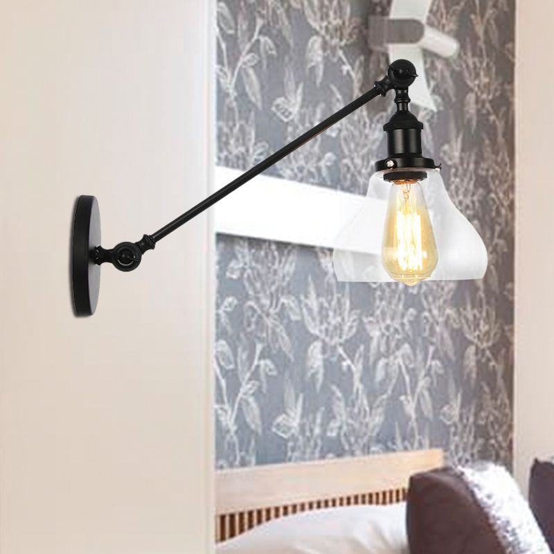 1 luminaire d'éclairage intérieur léger Ferme noire / bronze / application en laiton avec une nuance en verre transparent poire, 8 "/ 12" L bras
