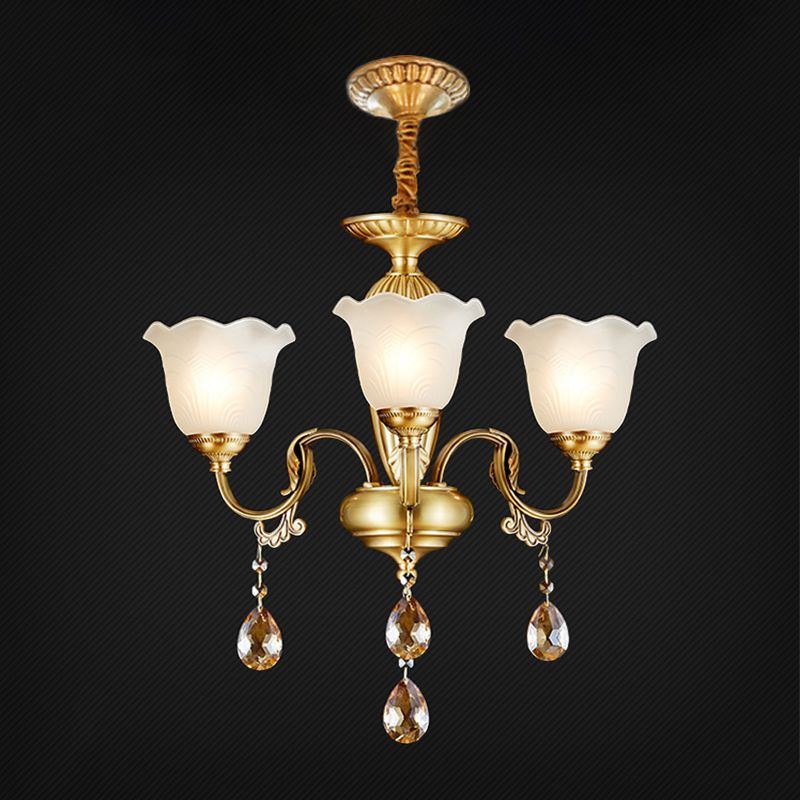 3/5 Bulbes Scrolls Lampe suspendue traditionnelle Gol Crystal Floral Shade Chandelier avec gouttes en verre transparent