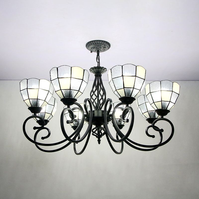 Bowl Hanging Chandelier with Black Curved Arm Tiffany 8 Lights Indoor Pendant Light in White for Hall
