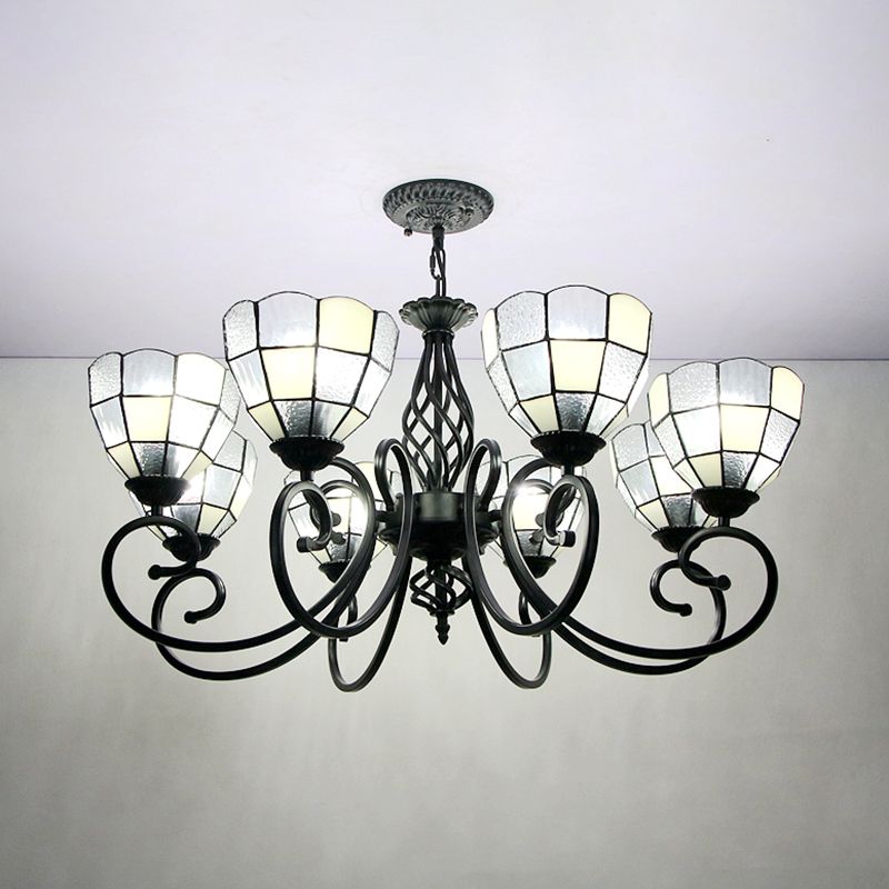 Bowl Hanging Chandelier with Black Curved Arm Tiffany 8 Lights Indoor Pendant Light in White for Hall
