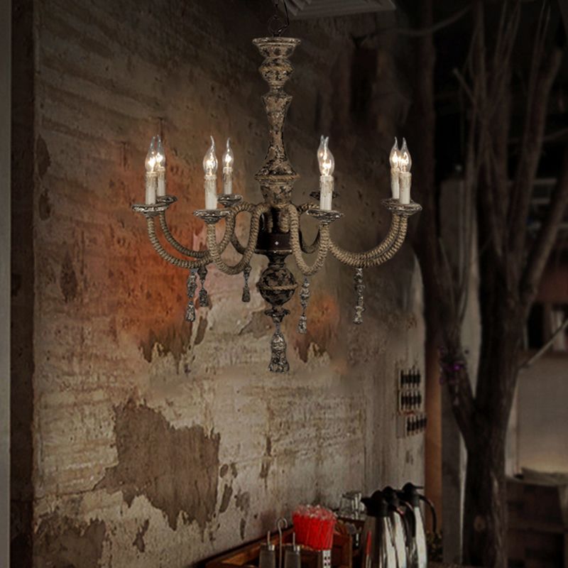Candle Metal Chandelier Light Country 8 Lights Dining Room Pendant Lighting in Brown