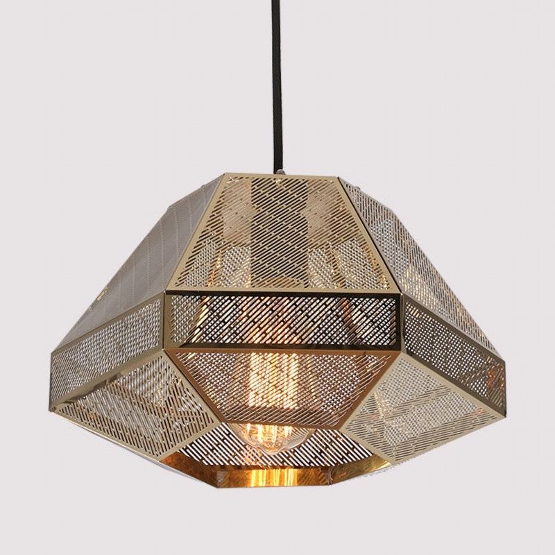 Gold 1 Bulb Pendant Light Rustic Metal Diamond Hanging Lamp for Living Room, 8"/12" W