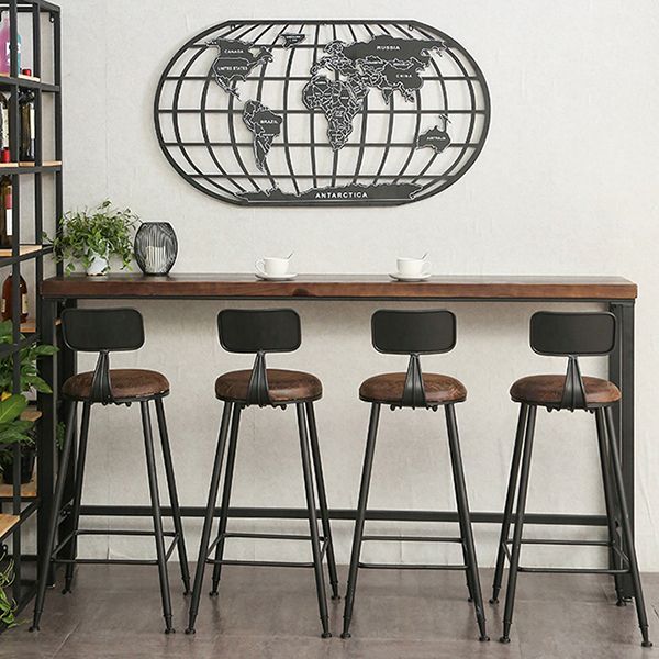 Industrial Brown Pub Table Rectangle Solid Wood Bar Height Table with Trestle Base