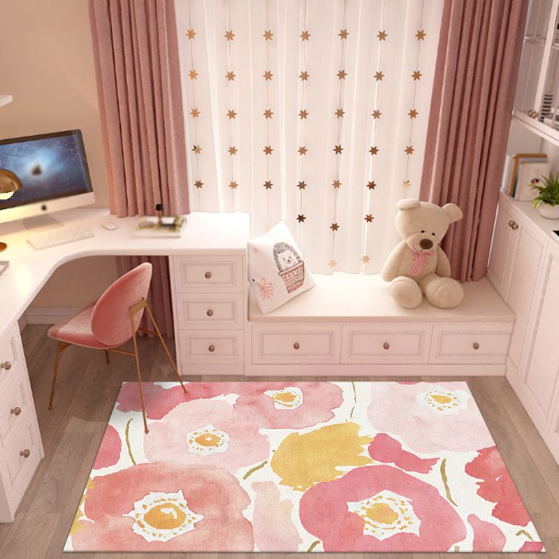 Pink Multicolor Floral Pattern Rug Polyester Contemporary Rug Washable Anti-Slip Pet Friendly Area Rug for Living Room