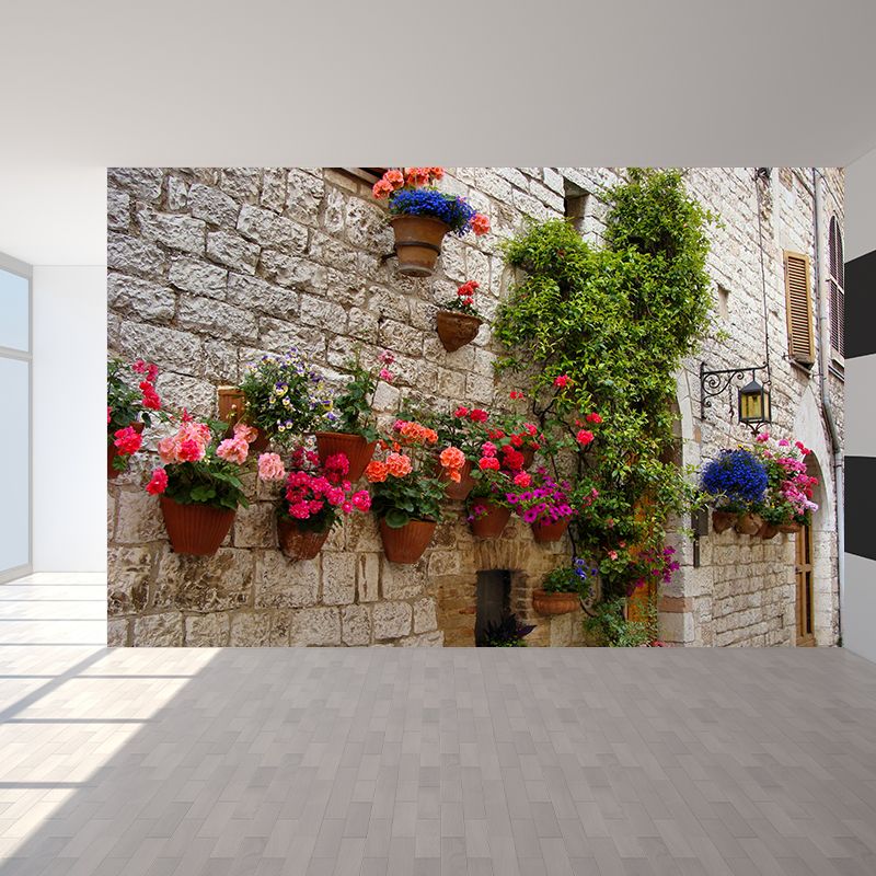 Contemporary Town and Flowers Mural Wallpaper Green Fancy Architecture Wall Covering