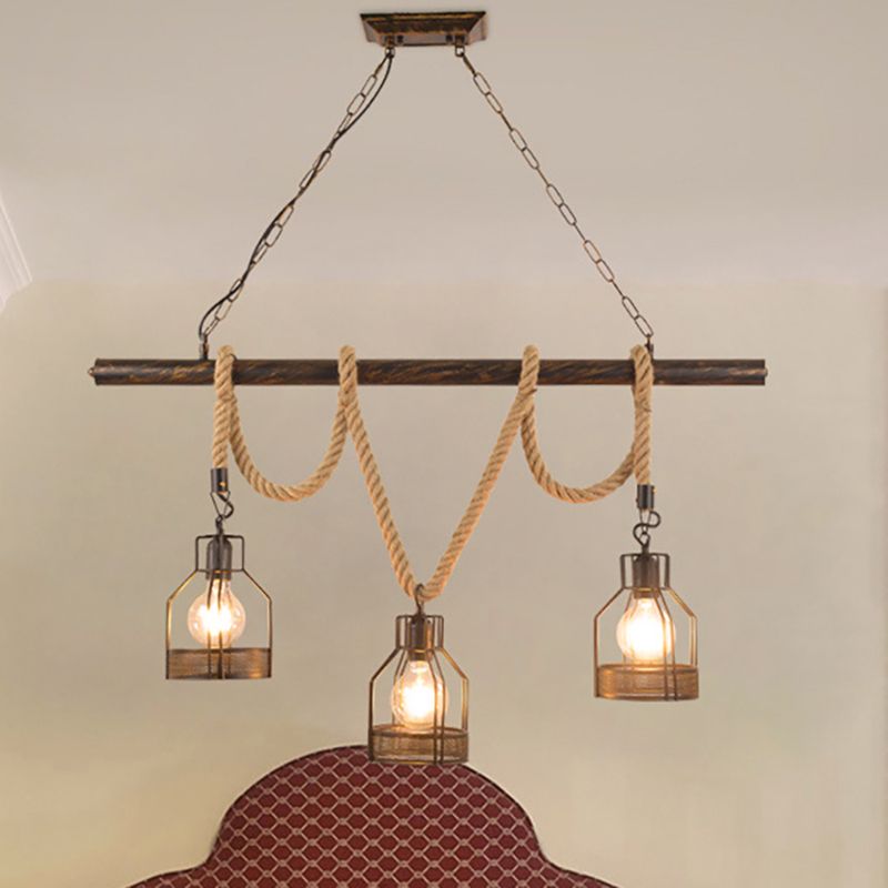 Global/Bottle Restaurant Island Pendant Light Iron 3 Lights Retro Style Black Ceiling Light with Hanging Rope