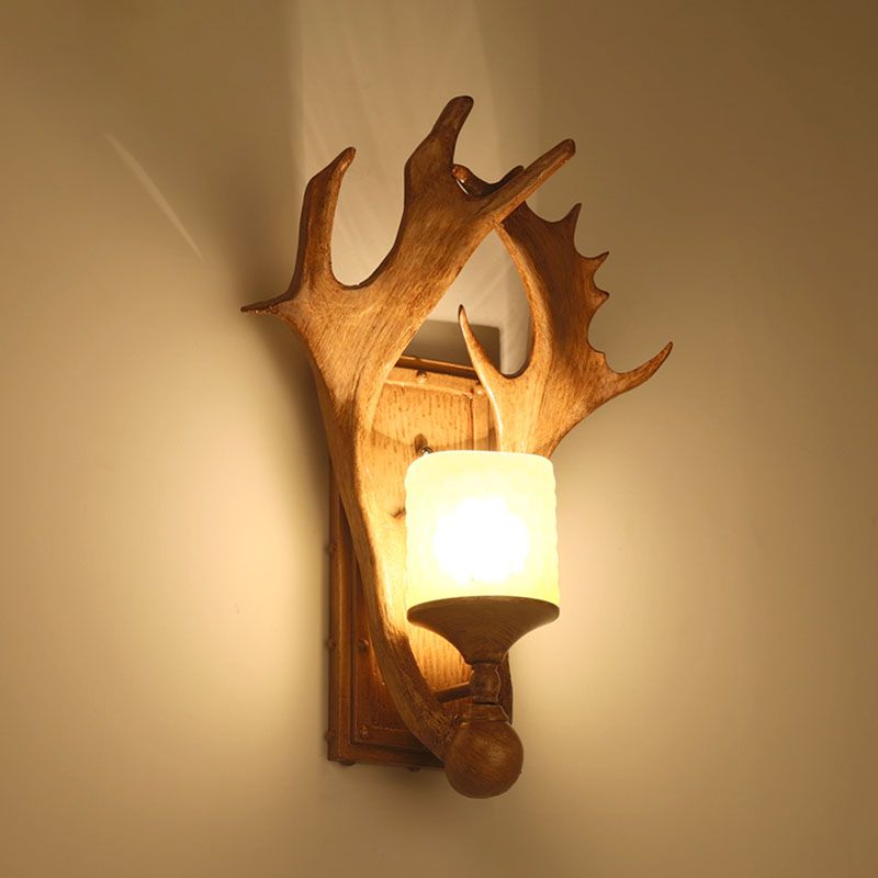 Antler Resin Wall Mount Light Retro 1-Light Study Room Wall Lighting with Frosted Glass Shade in Brown
