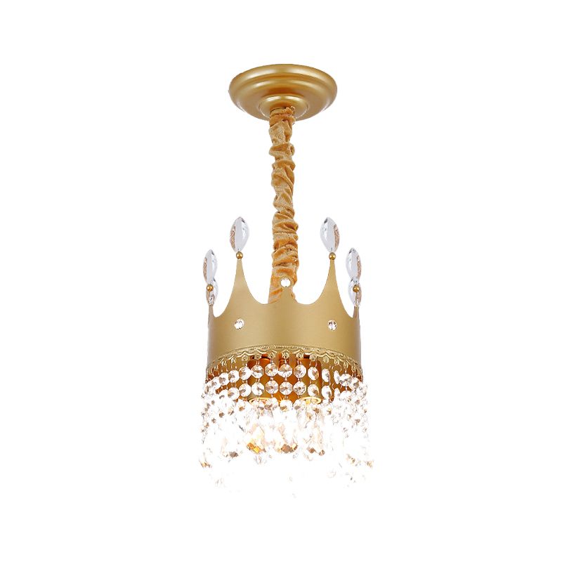 Crown Bedroom Chandelier Metallic 2/4/6 Heads Kids Pendant Light Fixture in Gold with Crystal Drop Deco