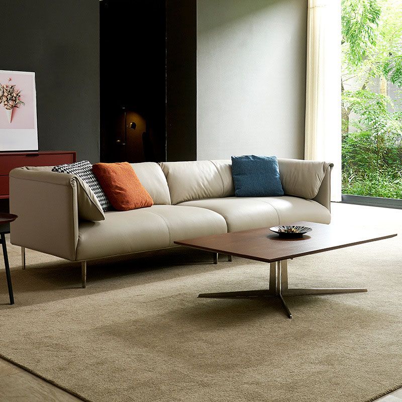 Modernism Leather Sofa in Khaki Tuxedo Arm Sofa with 3 Pillows