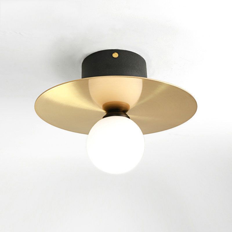 Milk Glass Globe Light Fixture Ceiling with Golden Disk Contemporary 1 Bulb Ceiling Light for Living Room